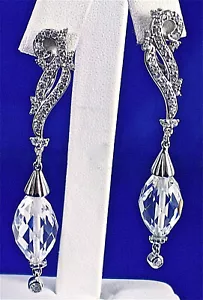 STERLING SILVER EARRINGS W/PAVE SET CZ SWIRL & BRIOLETTE CUT CZ DROPS, 12.00CTS - Picture 1 of 6