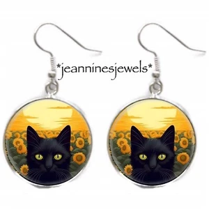 Black Cat Earrings Sunflower Sunset Art Print Silver Charm Dangle Cat Lover Gift - Picture 1 of 13