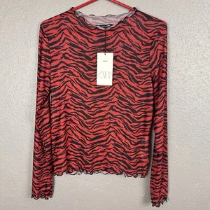 Neu mit Etikett Zara langärmliges Mesh-Shirt Oberteil Zebramuster rot & schwarz durchsichtig Damen Medium - Bild 1 von 12