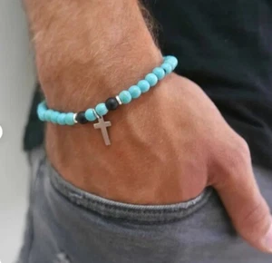 Mens Bohemian Cross Bracelet Turquoise Beaded Bracelet Boho Bracelets Gifts - Picture 1 of 14