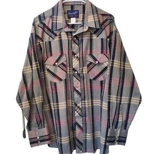 Wrangler Shirt Western Plaid 17 1/2 35 X-Long Tails Pearl Snap Button Vintage - Picture 1 of 6