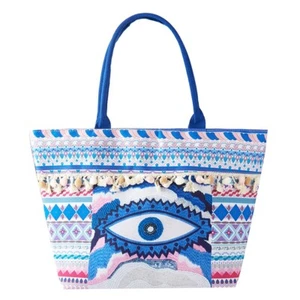 Evil Eye Boho Print Pom Pom Fringe Tote Bag Colorful Shoulder Bag for Women - Picture 1 of 4