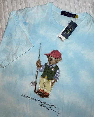 New Polo Ralph Lauren Mens Large Tall Blue Tie Dye Bear Fishing Tee Shirt NWT - Image 1 of 4