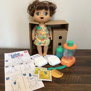 Baby Alive 2019 Hawaiian Dress Brown Hair Green Eyes Bottle Food Blender Diaper - Picture 1 of 9