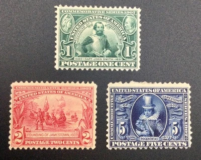 1907  Jamestown Expo complete mint set — US Stamps Sc# 328 MNG #329 MNH #330 MH - Image 1 of 3