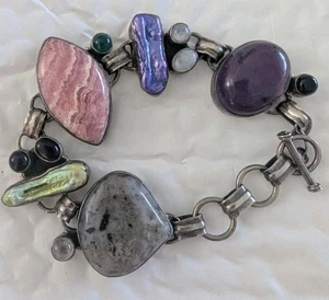 Gorgeous Natural Stones Including Amethyst Sterling Silver Link Chain Bracelet - Picture 1 of 12