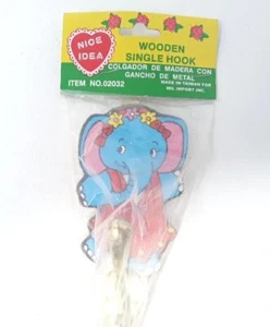 Vintage '80s Nursery Wall Hook Coat Hanger Wood Girl Elephant Colorful Taiwan 4" - Picture 1 of 7