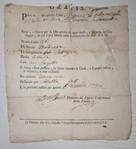 Lasciapassare Epidemia di Peste 1720 Piemonte Gio Battista Valletta Torino - Imagen 1 de 3