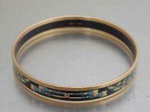 Auth HERMES Cloisonne Bangle Bracelet Black/Blue/Goldtone Enamel/Metal - e51033a