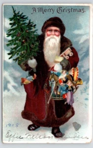 POSTCARD SANTA CLAUSE IN DARK BURGANDY ROBE EMBOSSED - Picture 1 of 2