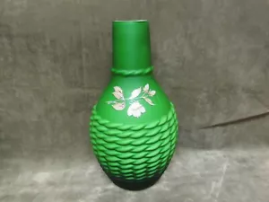 Vaso in corda anni 60 con custodia verde bianco satinato Empoli arte vetro Italia con fiore in stencil - Foto 1 di 8