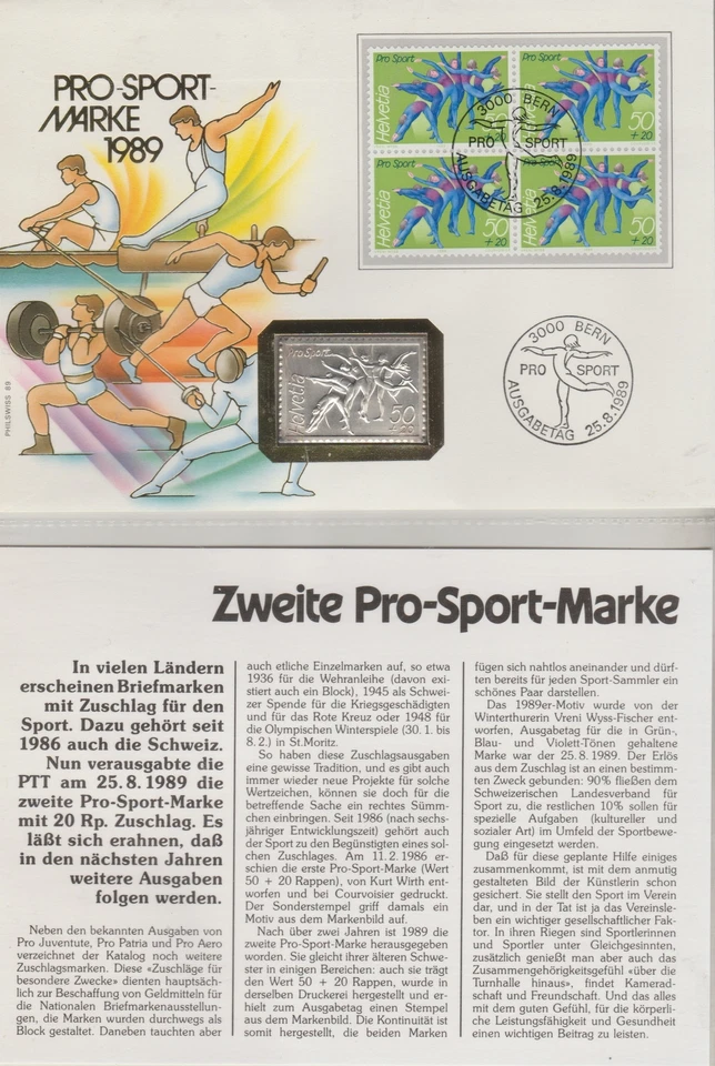 1989 SVIZZERA PRO-SPORT   FDC E FRANCOBOLLO IN ARGENTO  MF73577 - Immagine 1 di 1