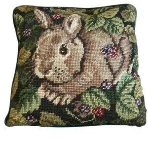 VTG Bunny Rabbit Needlepoint Pillow Square Berries Foliage 9” Square Easter Read - Picture 1 of 10