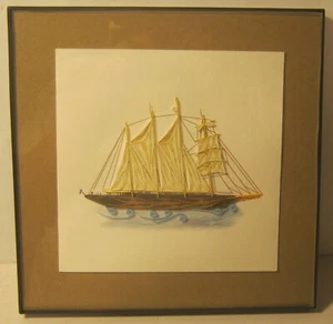 Hand Crafted Paper Art FOUR MASTED SCHOONER Sailboat FRAMED!! Lovely!!! - Picture 1 of 3