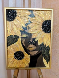 3D texture portrait woman, African woman painting, Sunflower Wall art, 16.5*12.6 - Picture 1 of 6