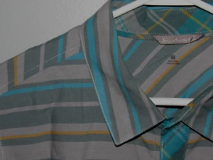 SMARTWOOL Mens Medium Button Up Shirt Gray Blue Gold Stripe Wool+ Organic Cotton - Picture 1 of 4