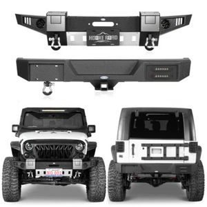 Front Rear Bumper w/Winch Plate Skid Plate LED Light Fit 07-18 Jeep Wrangler JK - Picture 1 of 18