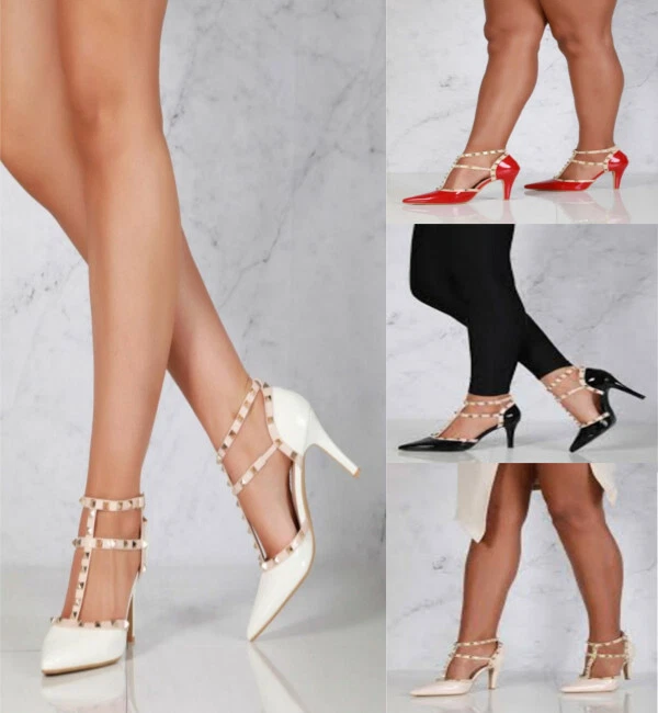 WOMENS STRAPPY POINTED TOE HIGH STILETTO HEEL STUD DETAIL EVENING PARTY SHOES