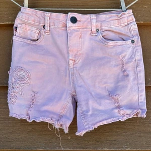 Vigoss Girls Pink Mid-Shorts With Embroidered Rose Distressed Look Adjustable Wa - Picture 1 of 14