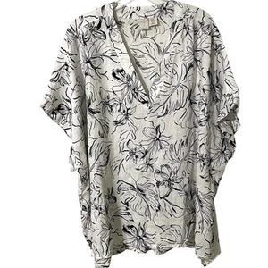 Joie Floral Linen Top Womens Size 3X White & Black V-Neck Lagenlook Coastal - Picture 1 of 6
