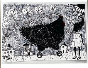 Della Wells (b. 1951) Art Announcement Card - Little Colored Girl Black Chicken - Picture 1 of 6