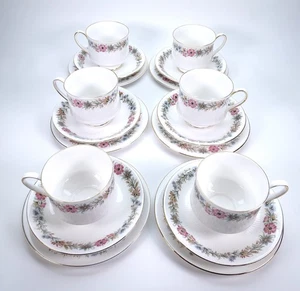 6er Set Paragon Bone China Tasse Untertasse & Beilagenteller Trio Belinda Muster 60er Jahre - Bild 1 von 15
