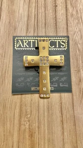 Vintage JJ Artifacts Matte Gold Tone & Rhinestones Cross Brooch Pin. - Picture 1 of 3