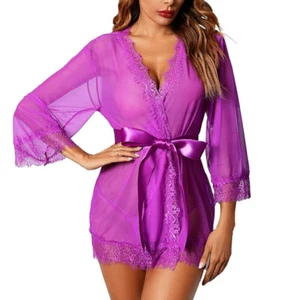 Sexy Robes Womens Ladies Lingerie Lace See-Thru Kimono Robes Sleepwear Nightgown - Picture 1 of 41