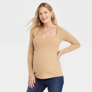 Maternity Soft Stretch Long Sleeve Ribbed Knit Top- Ingrid & Isabel, Tan XS - Picture 1 of 6