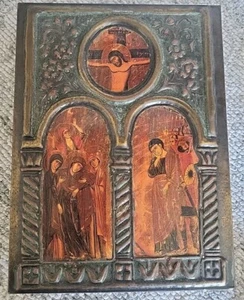 Foglio di bronzo bizantino appeso a parete. Crocifissione di Cristo. Monastero del Sinai - Foto 1 di 3
