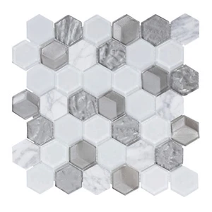 Hexagon White Carrara Marble Stone Metallic Gray Glass Mosaic Tile Backsplash - Picture 1 of 21