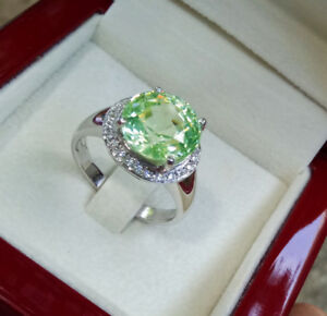 Size#7_925 Silver with White Gold Plated  10.5mm.Green Tourmaline Ring Pretty!