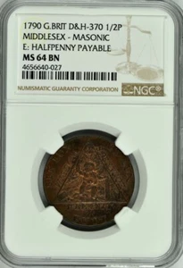 1790 G.BRIT D&H-370 1/2P NGC 64BN MIDDLESEX - MASONIC Conder Token - Picture 1 of 2