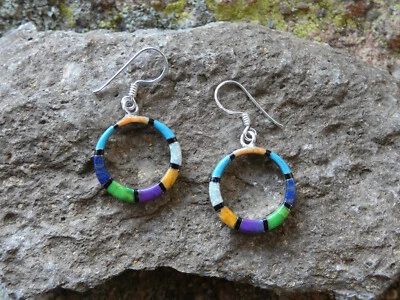 Drop Dangle Circle Sterling Silver 925 Multi Gemstone Colorful Earrings NEW D77 - Image 1 of 4
