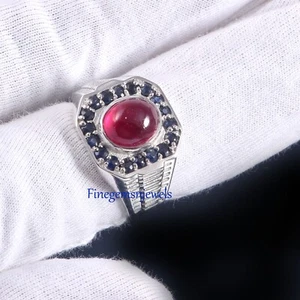 Zafiro Natural Y Rubí Piedras Preciosas Con 925 Plata de Ley Hombre Anillo #5689 - Imagen 1 de 5