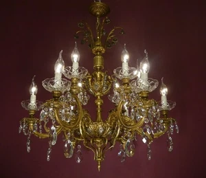 ANTIQUE VINTAGE CHANDELIER BRASS CRYSTAL CHERUBs GLASS BOWLS 12 LAMP Ø 27" - Picture 1 of 12