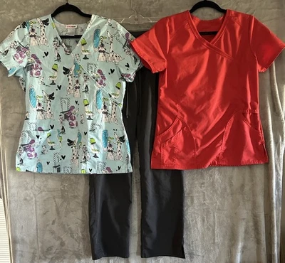 Scrubstar Scrubs Womens Small Puppies Red V Neck Tops Pockets Small Gray Pants - Image 1 of 4