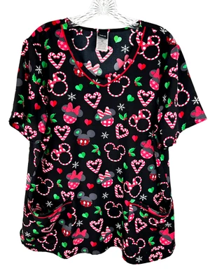 Disney Minnie Mickey Mouse Women's Christmas Scrub Top Short Sleeve XL - Image 1 of 4