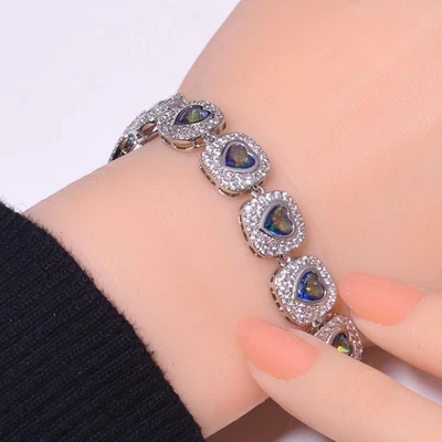 Brazalete Tenis Topacio Fuego Místico Arco Iris Azul y Plata Esterlina Cz925 7.99" B14 Foto 1 de 4