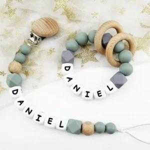 2pcs/set Personalised Name Dummy Clip + Teething Ring Silicone Chewable Baby New - Picture 1 of 38