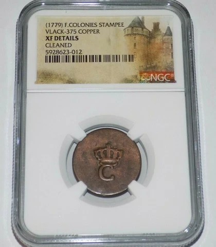 FRENCH COLONIES 2 SOL STAMPEE 1779 WEST INDIES XF DETAILS Colonial Graded Coin Cover