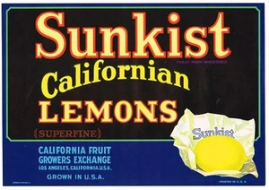 ETIQUETA DE CAJA GENUINA LOS ANGELES SUNKIST CALIFERIA DE COLECCIÓN DÉCADA DE 1930 LIMÓN SUPERFINO - Imagen 1 de 1