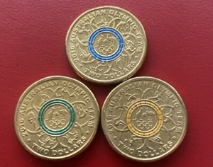 2016 AUSTRALIAN $2 COLOUR COIN SET x 3 OLYMPIC GAMES | YELLOW GREEN BLUE | JB 18 - Bild 1 von 2