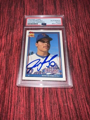 Tarjeta coleccionable firmada por Iván Rodríguez 1991 Topps Rookie Texas Rangers PSA/DNA #3 Foto 1 de 2