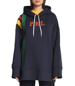 NEW POLO RALPH LAUREN STRIPED FLEECE LOGO HOODIE WOMENS UNISEX BLUE SIZE M/L - Picture 1 of 13