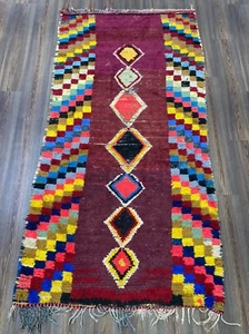 Moroccan Handmade Vintage Rug 4'x7'8 Patchwork Berber Yellow Blue Cotton Carpet - Picture 1 of 11
