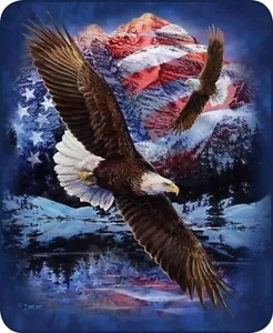 Queen Size Snow Eagle Patriotic US Flag Mink Faux Fur Blanket Super Soft Plush - Picture 1 of 1