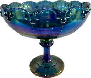 Vintage Indiana Carnival Glass Blue Iridescent Pedestal Fruit/Candy Dish Bright! - Picture 1 of 6