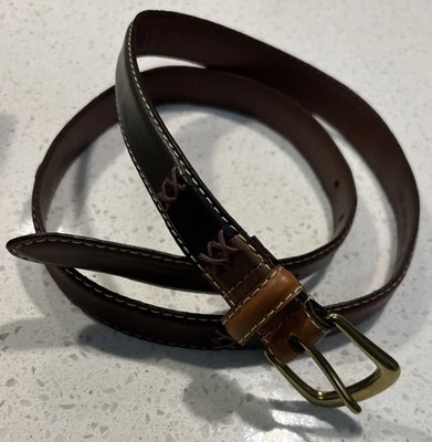 Lauren Ralph Lauren女式棕色和绿色皮革腰带带缝线尺寸XL — 第 1/4 张图片