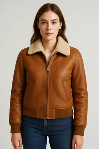 Women’s Brown Winter Aviator Style Leather Bomber Jacket with Shearling Collar - Picture 1 of 4